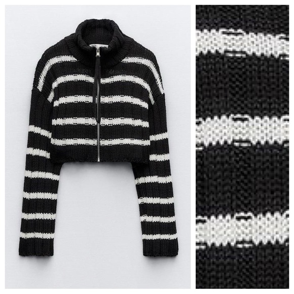 NWT. Zara Navy Blue Striped Knit Cropped High Neck Cardigan. Size S. - Picture 2 of 7